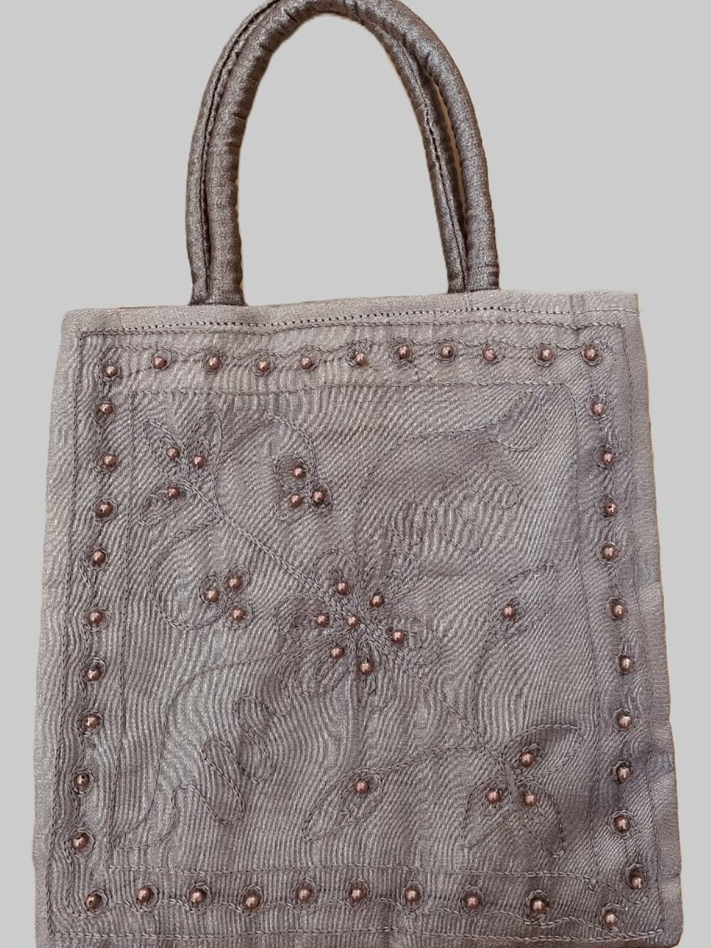 Gray Beaded Embroidered Handbag 9" x 9" – Floral Design